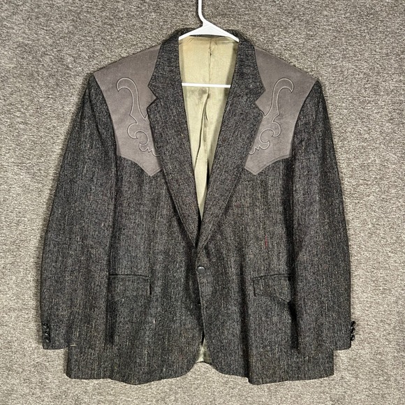 Circle S Western Blazer Mens Coat Gray Herringbone Cowboy Rodeo Jacket - Picture 1 of 9